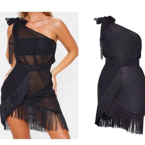 Black Asymmetric Fringe Beach Dress - Picture 5 of 13
